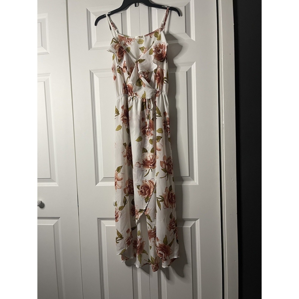 Heart and Hips wrap Hi Low dress Ruffle Front medium floral white pink green